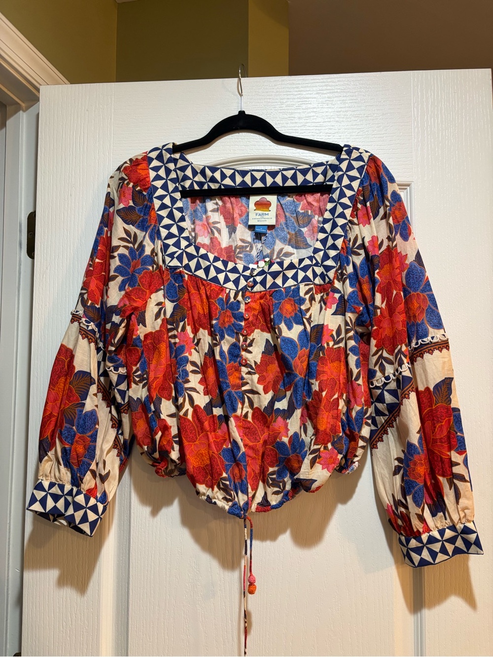 FARM Rio Floral Blouson Top - Red, Blue & Cream